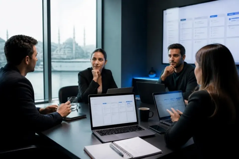 Sales team meeting about a CRM setup