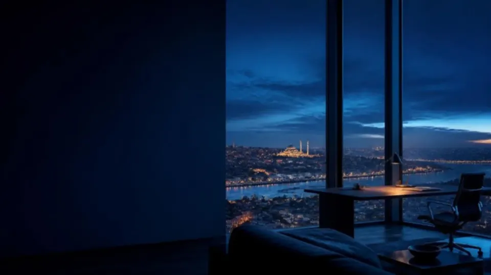 Istanbul skyline at blue hour from a high-rise office window