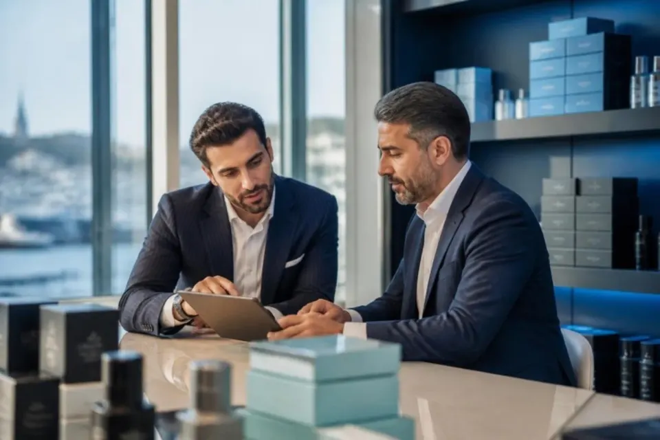Business people reviewing a product catalog on a tablet in a showroom