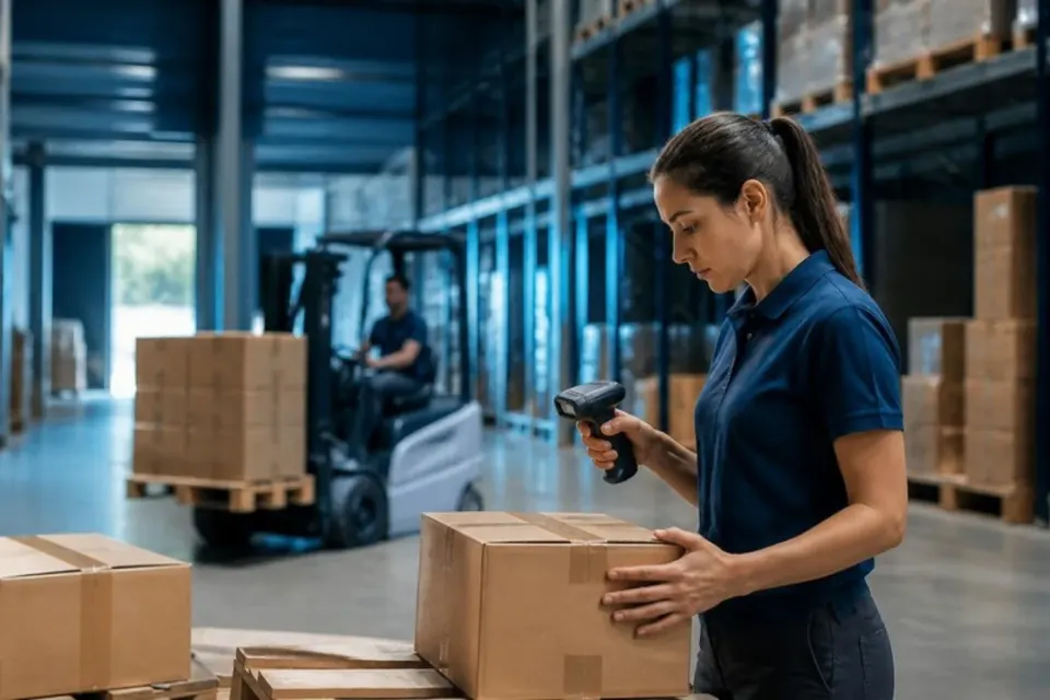 Warehouse worker scanning a package next to a forklift