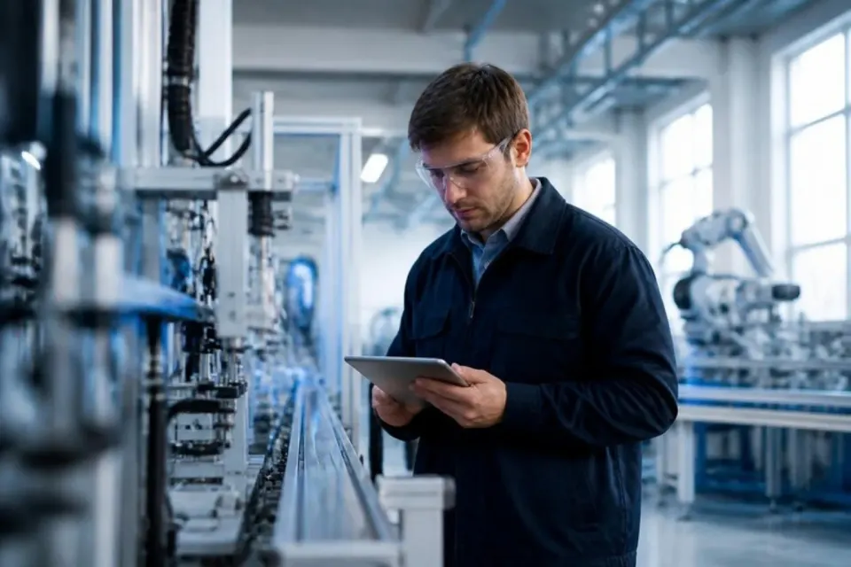 Engineer checking a tablet on a production line
