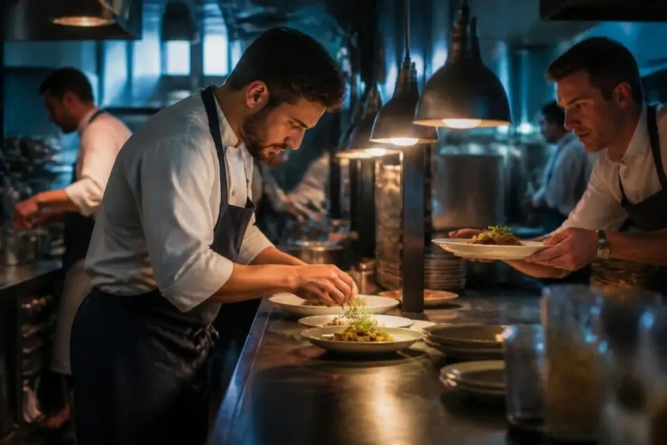 Chefs plating dishes during service