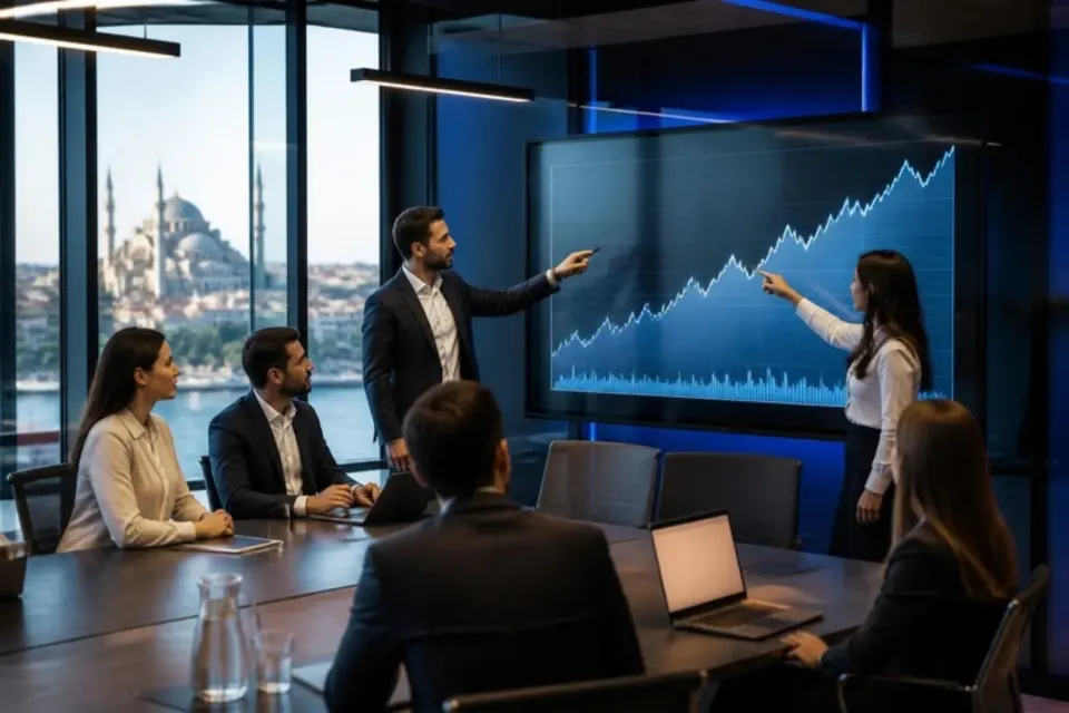 Team reviewing a growth chart in a meeting room