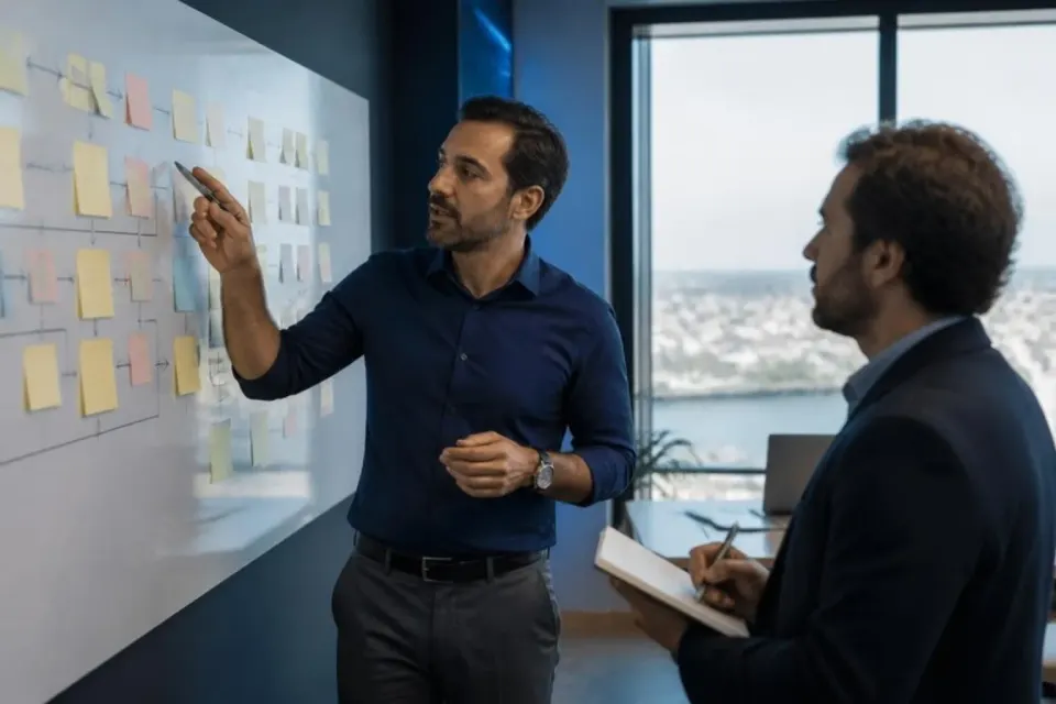 Operations team mapping a workflow on a whiteboard